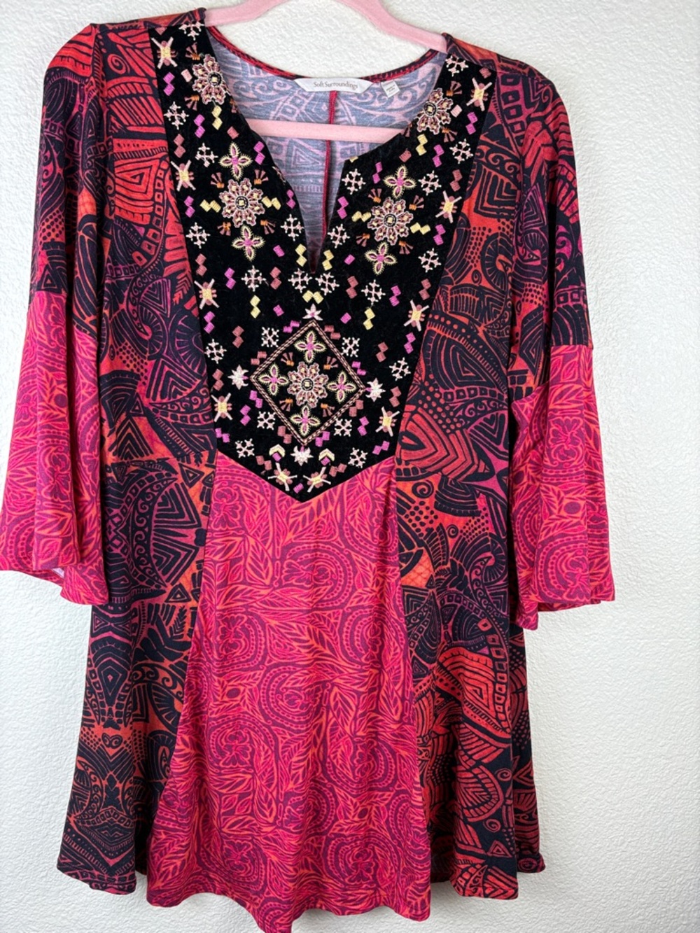 Soft Surroundings Red Orange Black Velvet Embroidered Bell Sleeve Tunic Top Med
